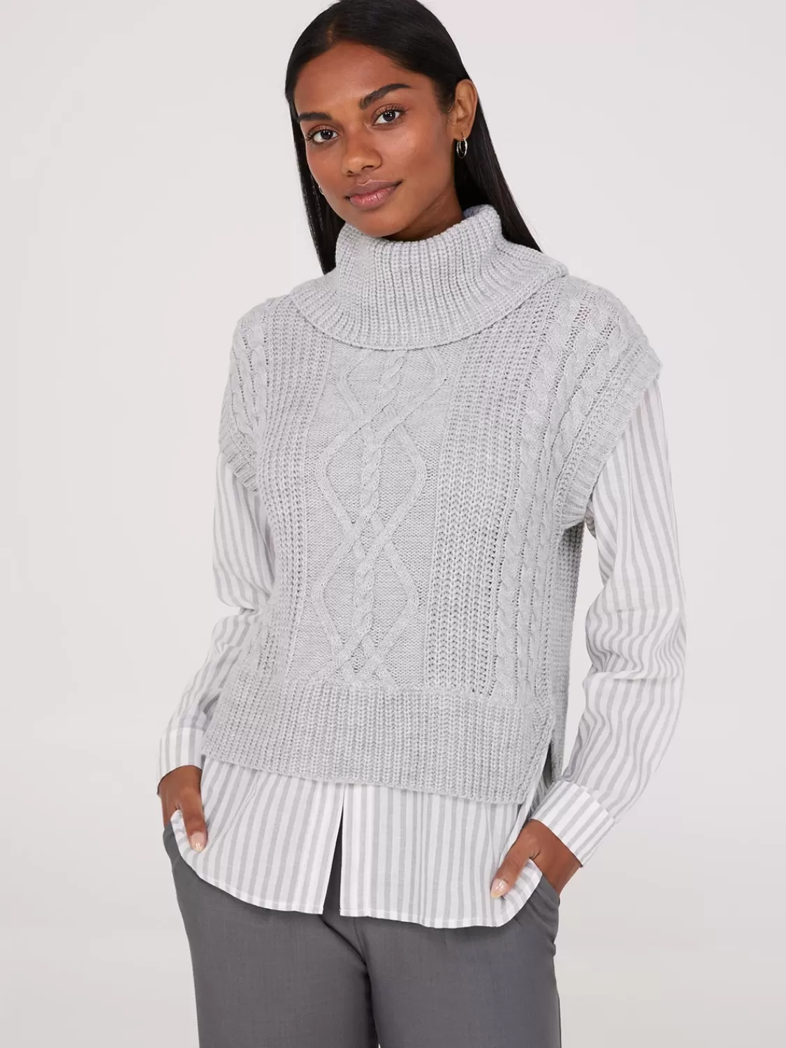 Suzy Shier Long Sleeve | Sweaters & Cardigans*2-Fer Cable Knit Vest With Striped Blouse