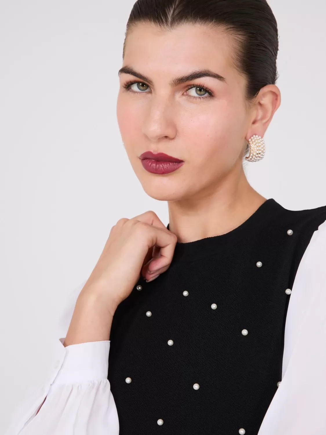 Suzy Shier Tops | Long Sleeve*2-Fer Pearl Embellished Peplum Top