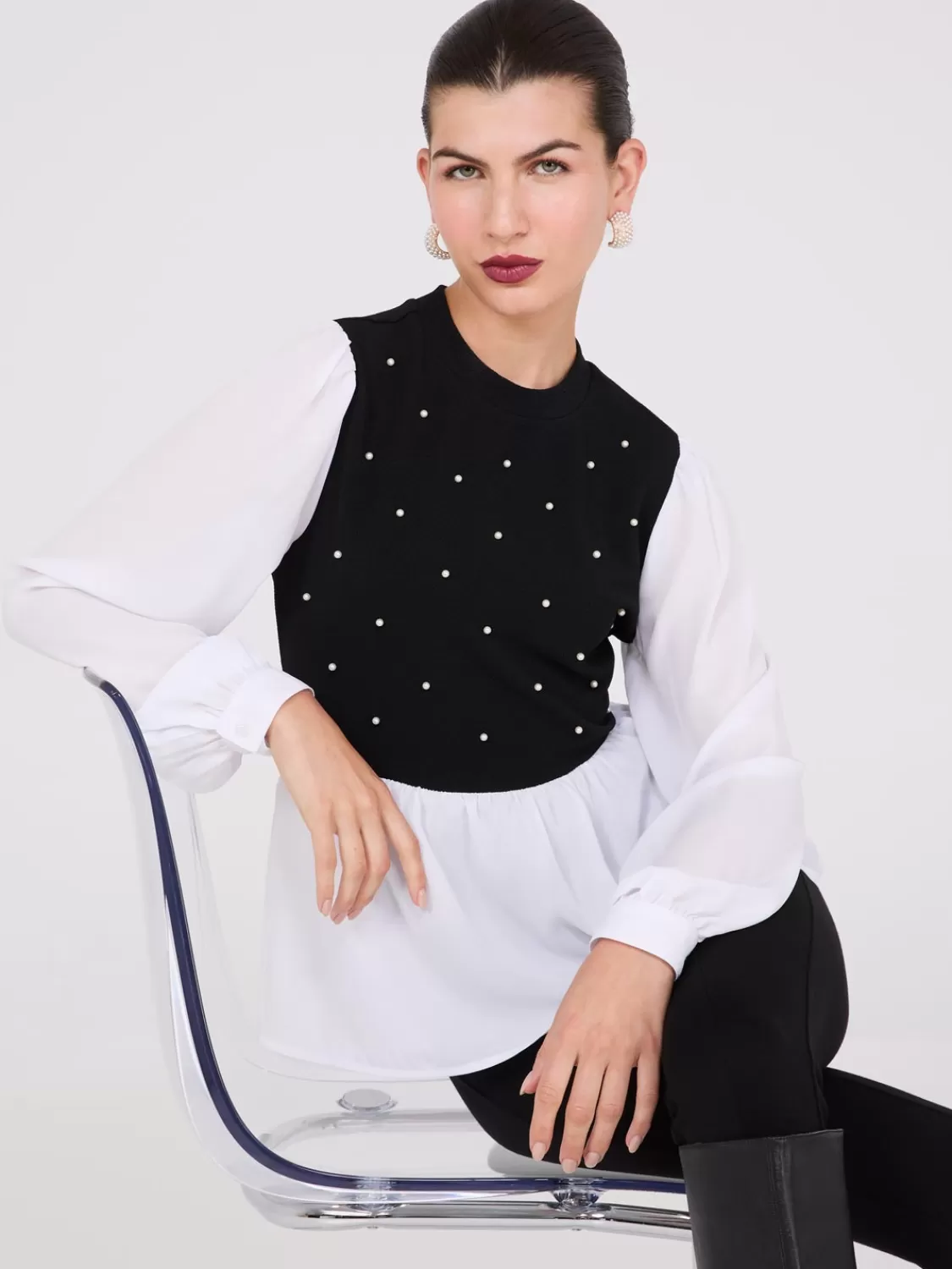 Suzy Shier Tops | Long Sleeve*2-Fer Pearl Embellished Peplum Top