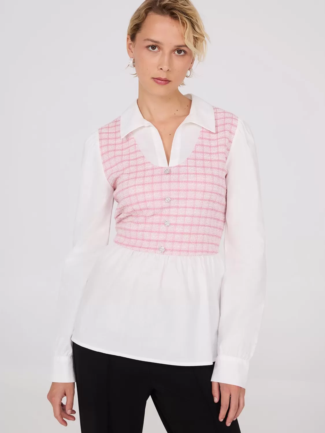 Suzy Shier Tops | Long Sleeve*2-Fer Plaid Boucle Vest With Blouse