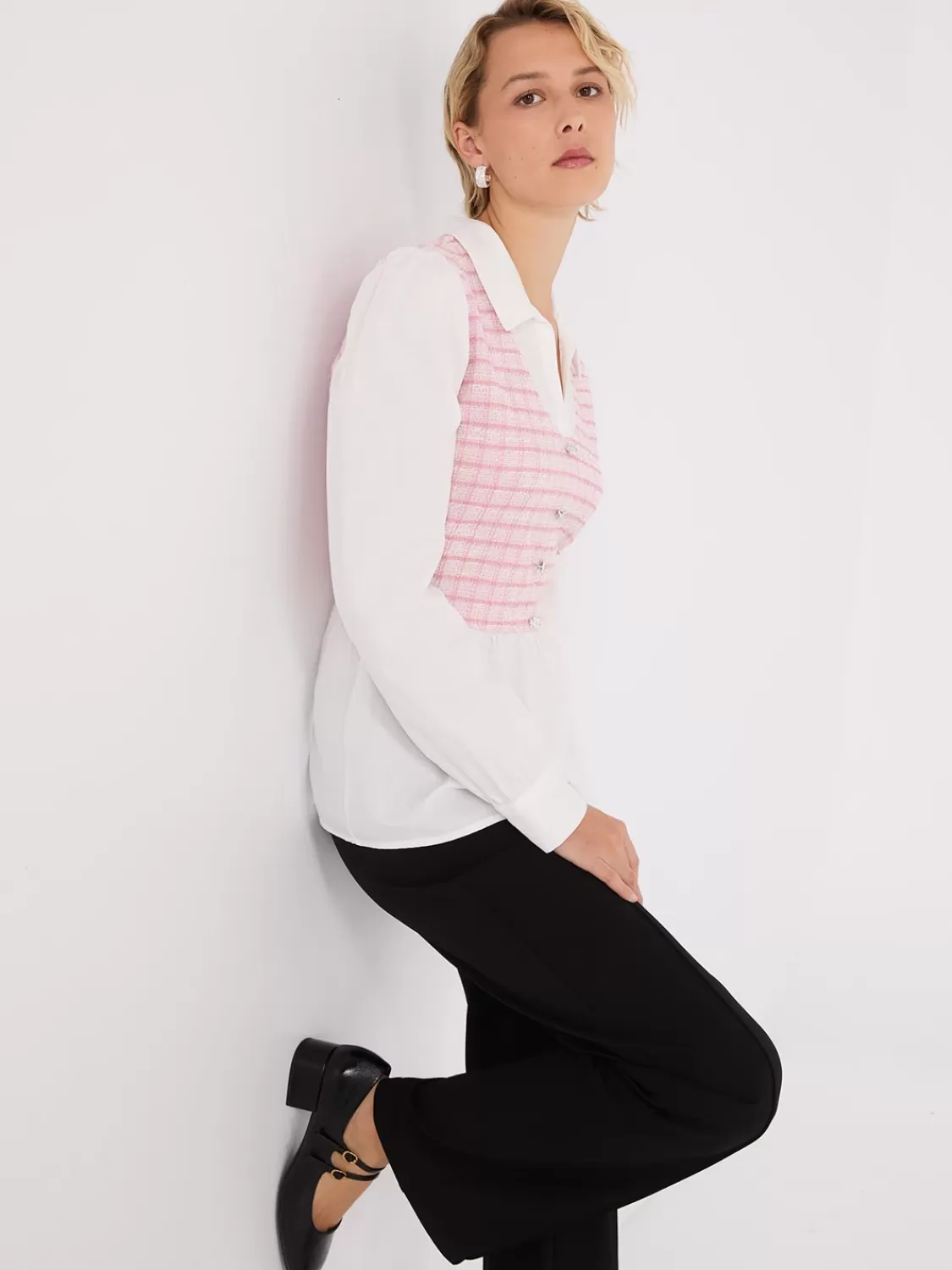 Suzy Shier Tops | Long Sleeve*2-Fer Plaid Boucle Vest With Blouse