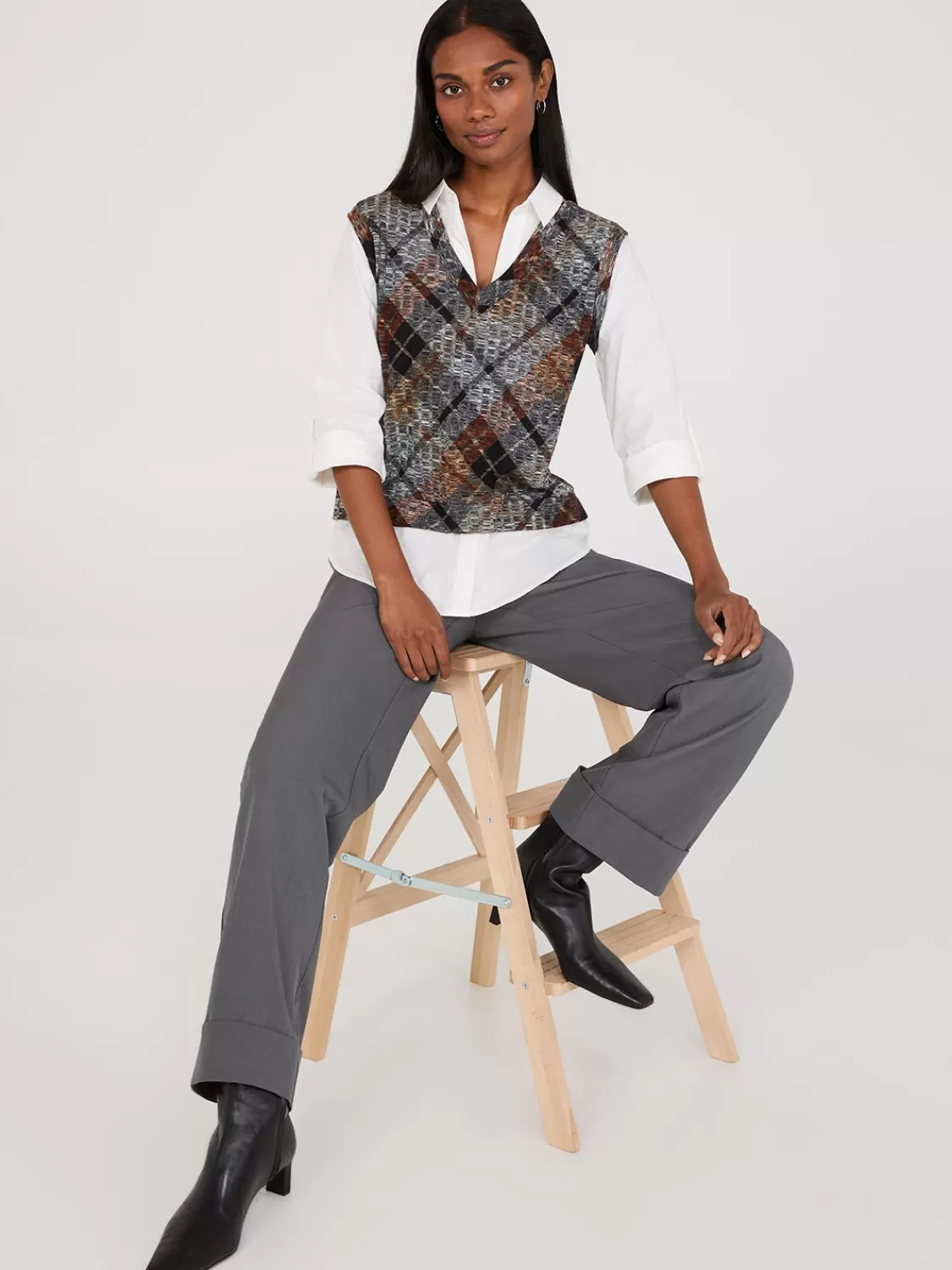 Suzy Shier Tops | Long Sleeve*2-Fer Plaid Vest With Blouse