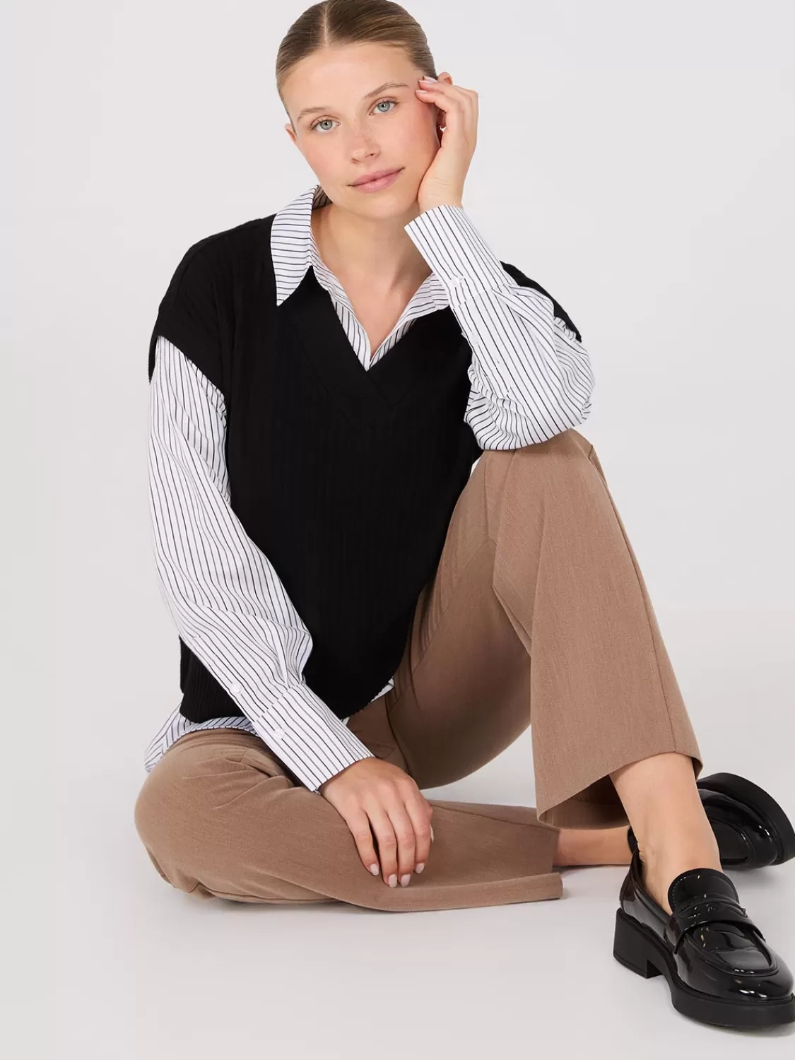 Suzy Shier Long Sleeve*2-Fer Striped Blouse With Short Sleeve Top