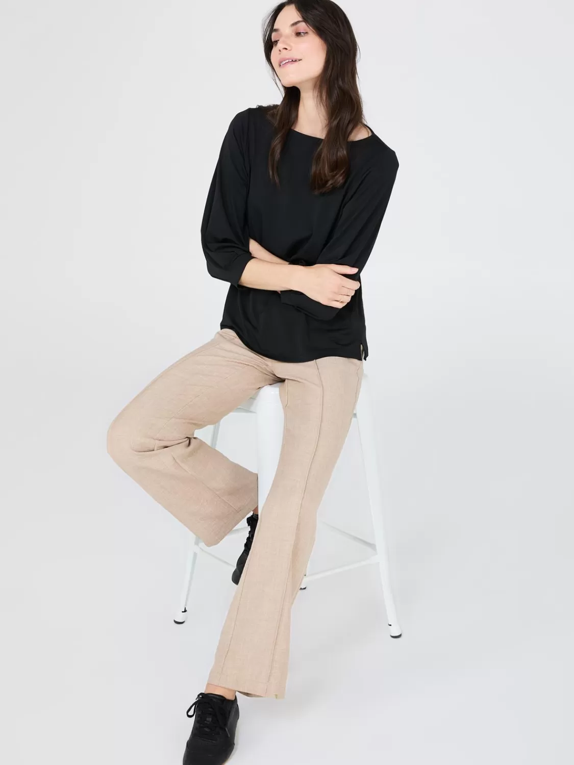 Suzy Shier Tops | Short Sleeve*3/4 Pleated Sleeve Boat Neck Top