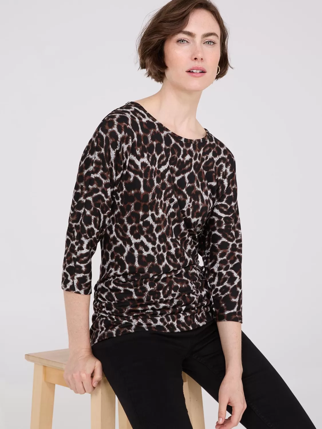Suzy Shier Long Sleeve*3/4 Sleeve Animal Print Top With Side Ruching
