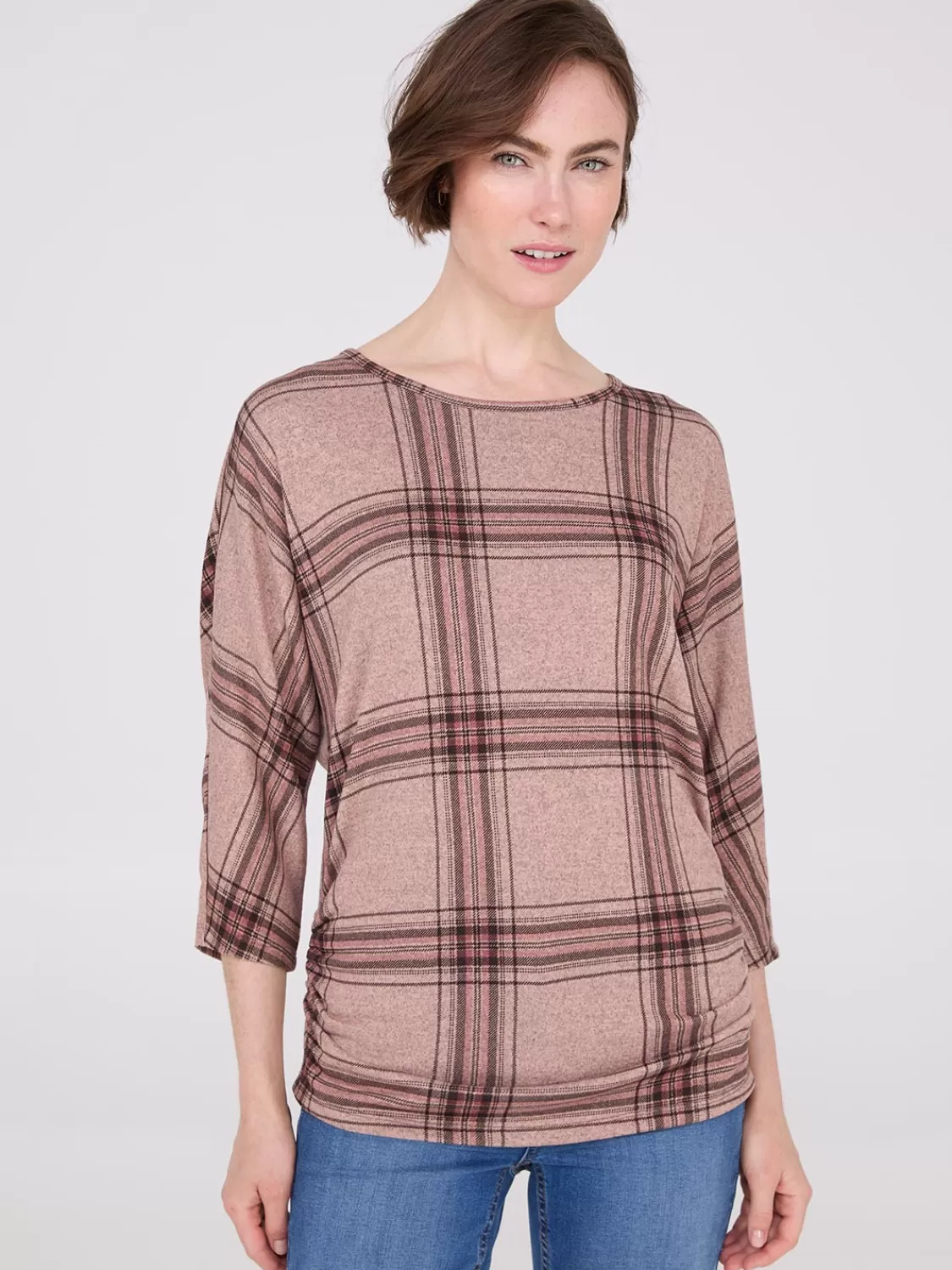 Suzy Shier Long Sleeve*3/4 Sleeve Plaid Top With Side Ruching