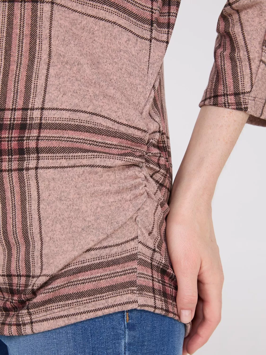 Suzy Shier Long Sleeve*3/4 Sleeve Plaid Top With Side Ruching