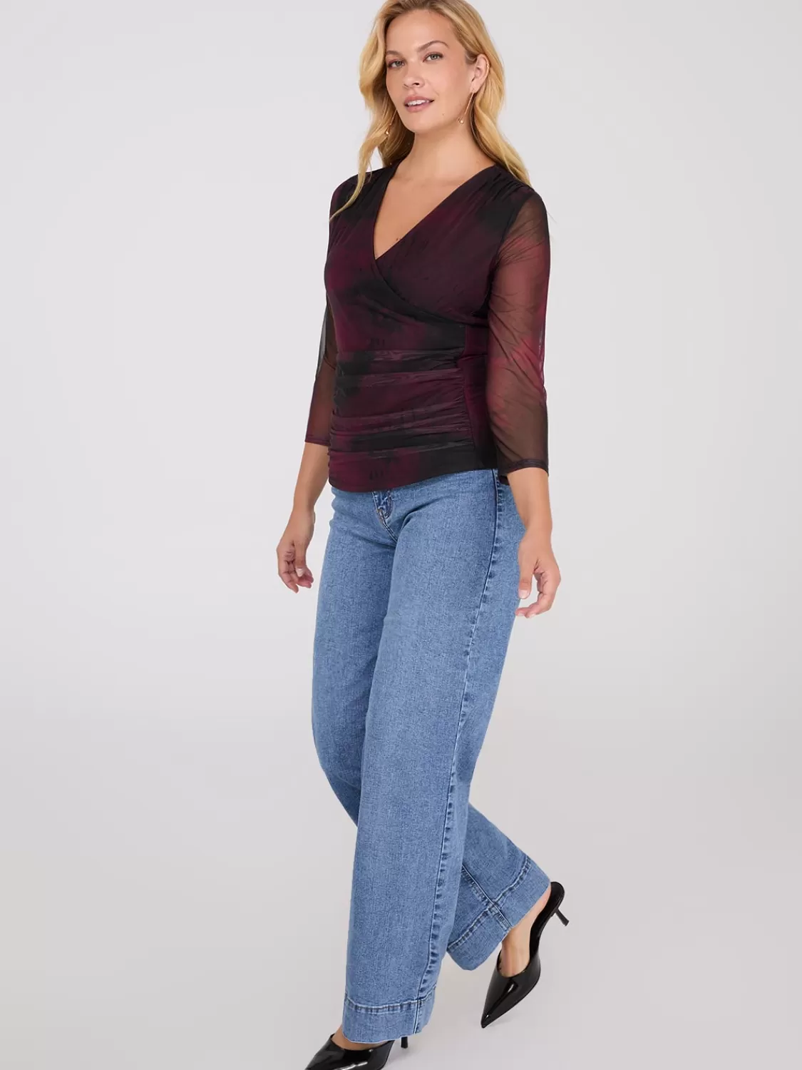 Suzy Shier Tops | Long Sleeve*Abstract Print Crossover Mesh Top