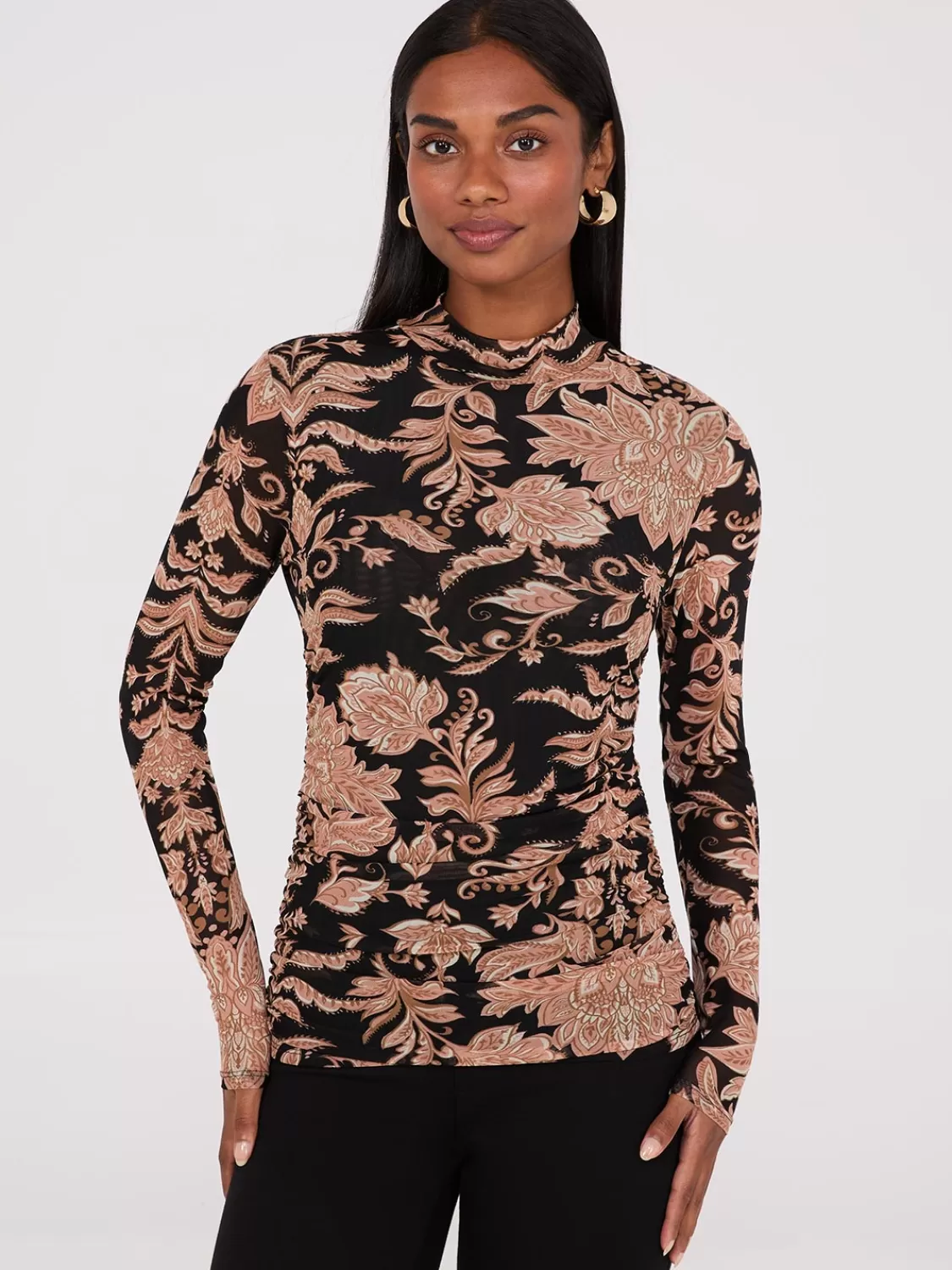 Suzy Shier Tops | Long Sleeve*Abstract Print Mock Neck Mesh Top
