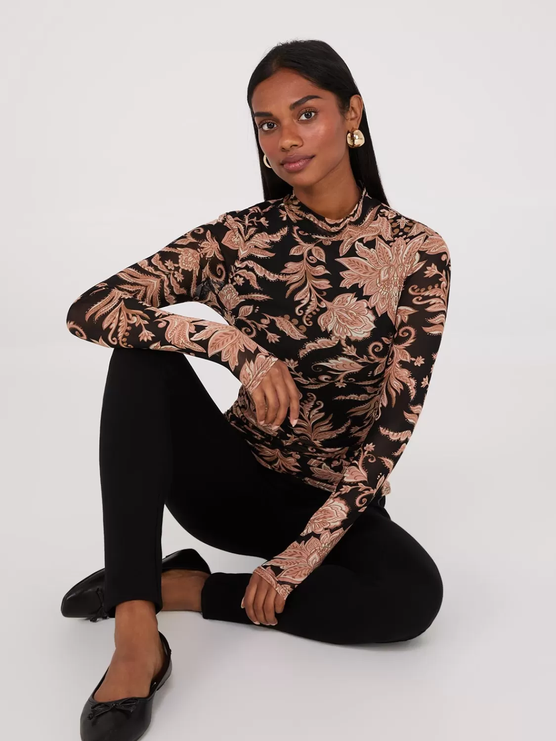 Suzy Shier Tops | Long Sleeve*Abstract Print Mock Neck Mesh Top