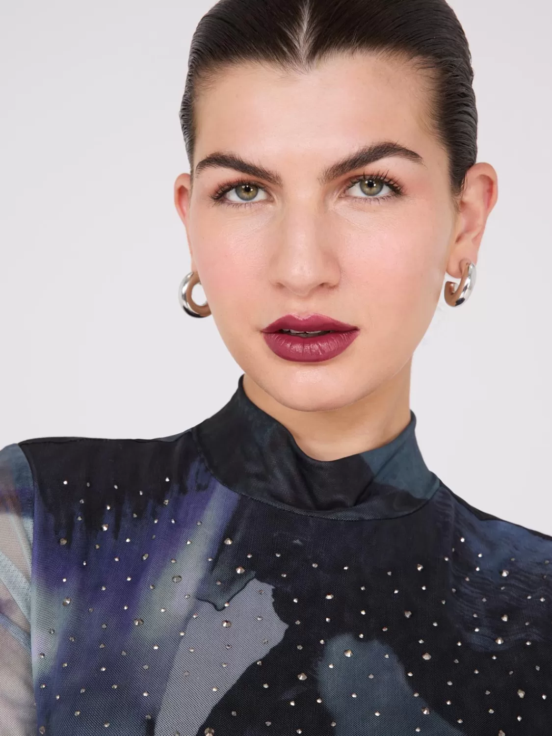 Suzy Shier Tops | Long Sleeve*Abstract Print Rhinestone Mesh Top