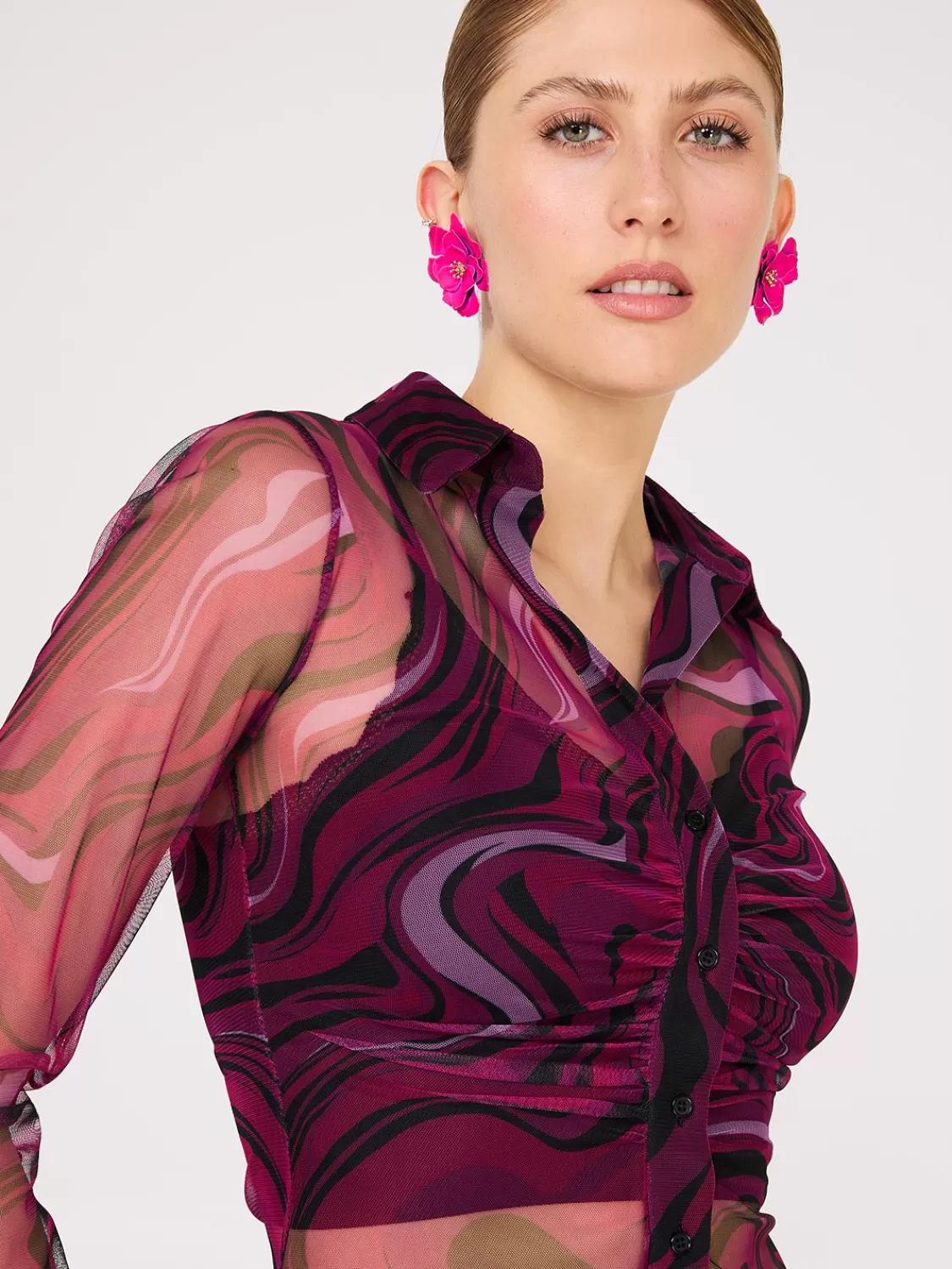 Suzy Shier Tops | Long Sleeve*Abstract Print Ruched Button-Front Mesh Blouse