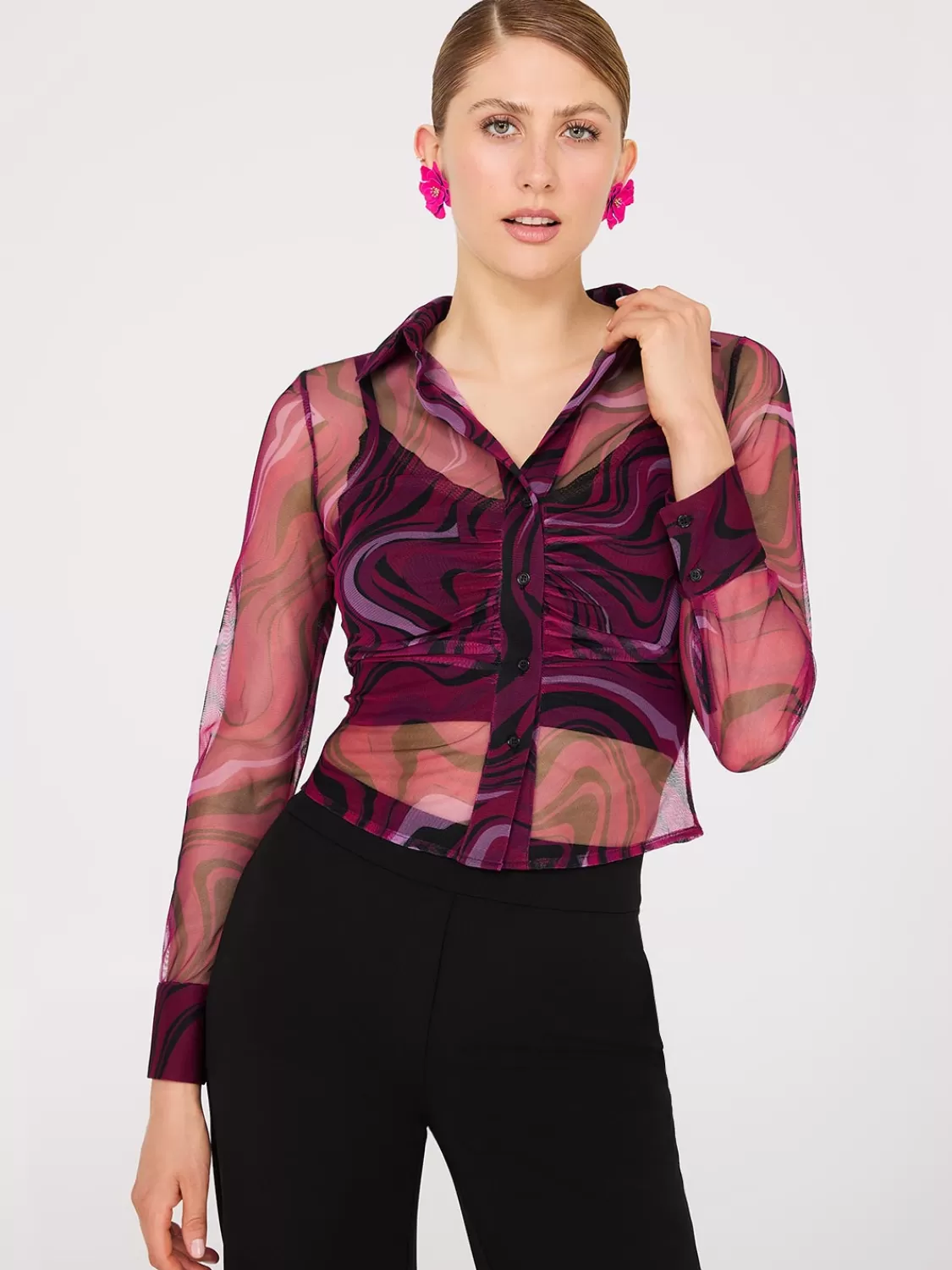Suzy Shier Tops | Long Sleeve*Abstract Print Ruched Button-Front Mesh Blouse
