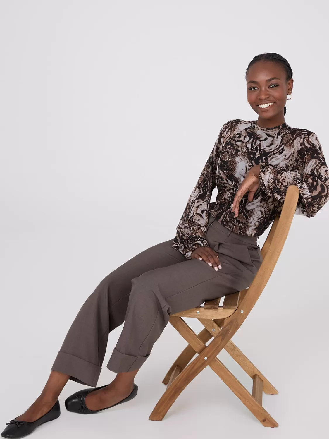 Suzy Shier Tops | Long Sleeve*Animal Print Mesh Top With Ruffle Details