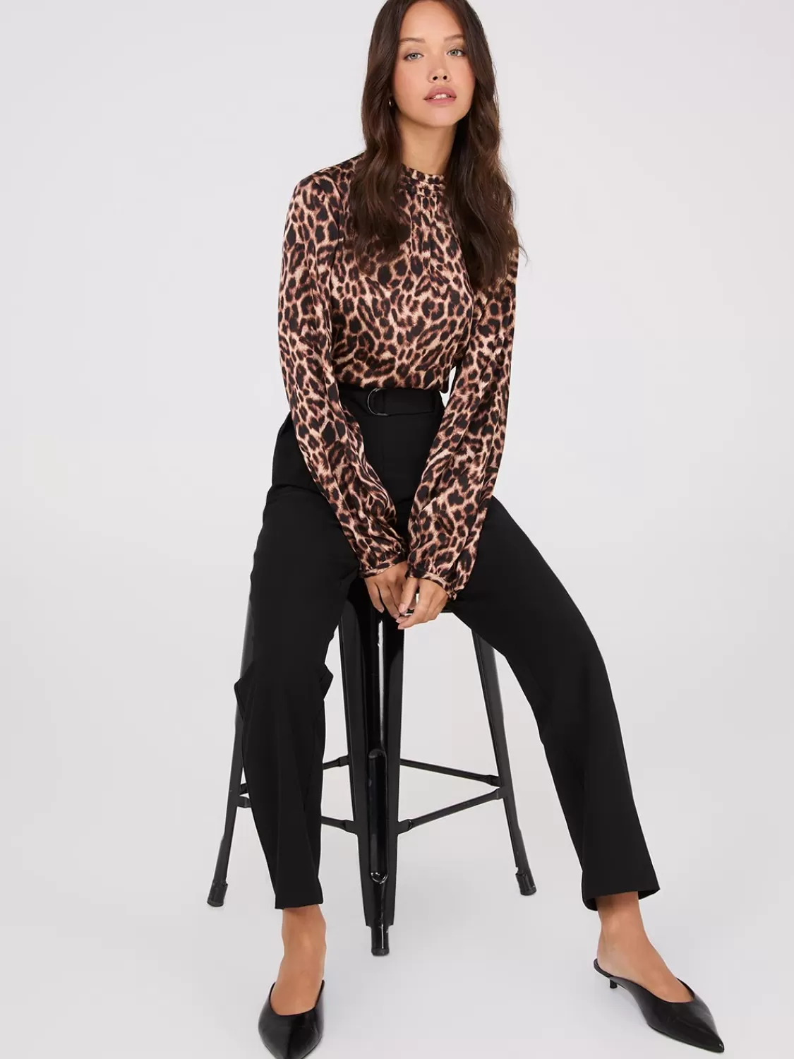 Suzy Shier Tops | Long Sleeve*Animal Print Mock Neck Satin Popover Blouse