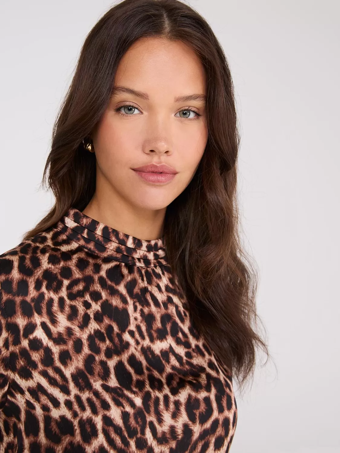 Suzy Shier Tops | Long Sleeve*Animal Print Mock Neck Satin Popover Blouse