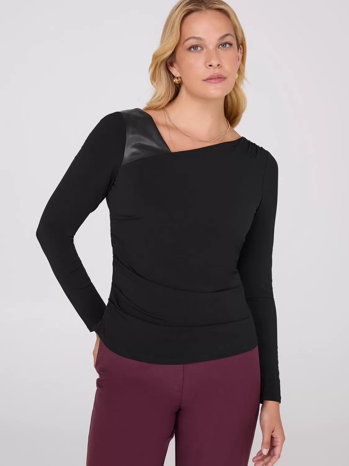 Suzy Shier Tops | Long Sleeve*Asymmetrical Neckline Top With Faux Leather Detail