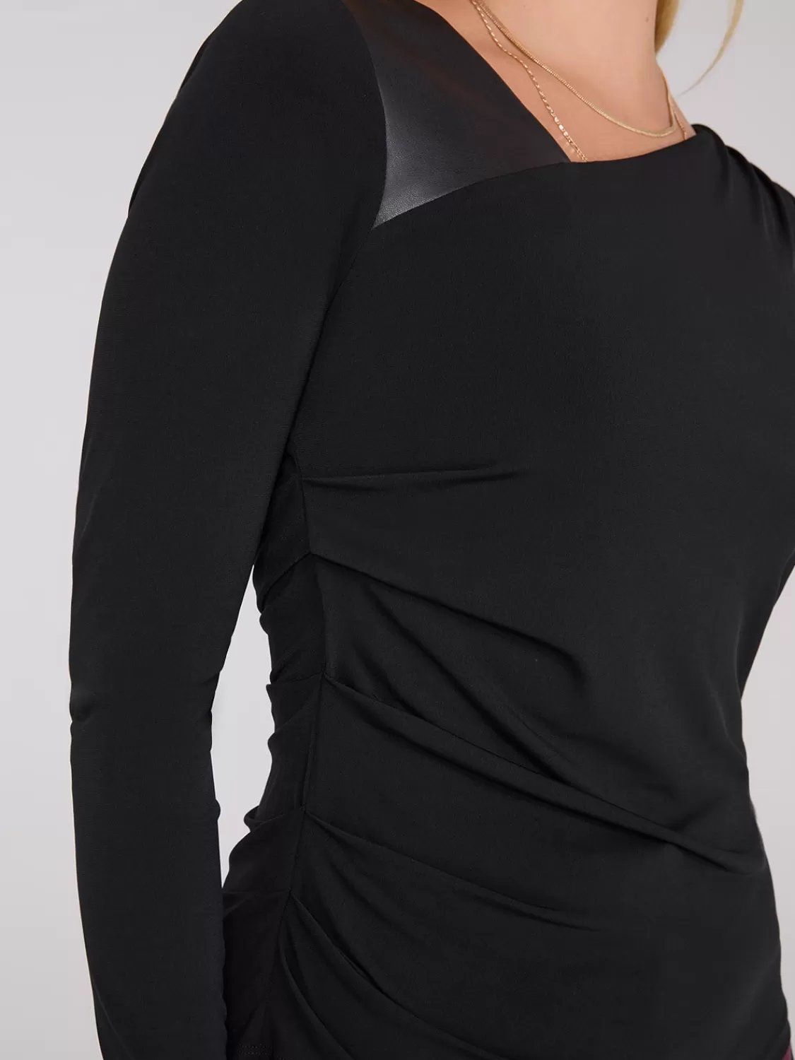 Suzy Shier Tops | Long Sleeve*Asymmetrical Neckline Top With Faux Leather Detail