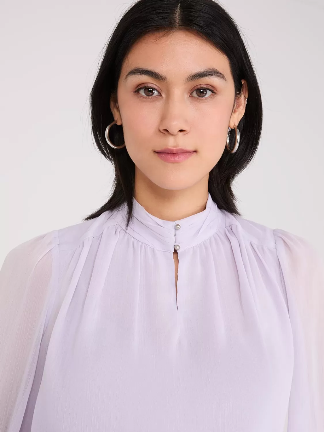 Suzy Shier Tops | Long Sleeve*Button-Up Mock Neck Chiffon Blouse