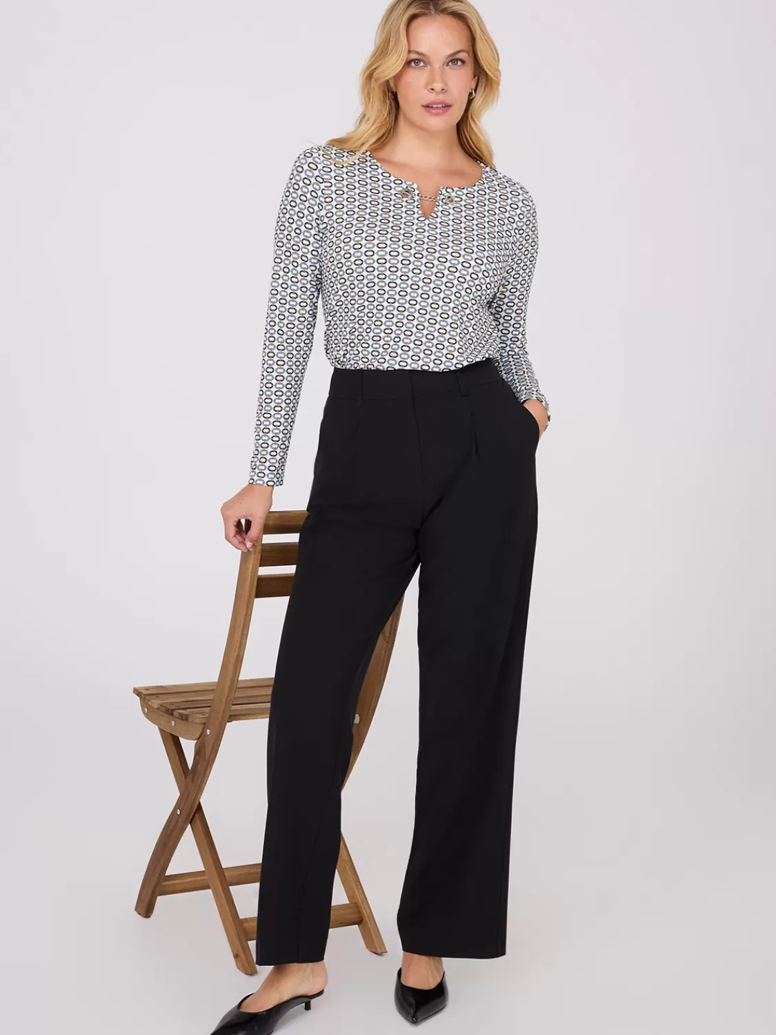 Suzy Shier Tops | Long Sleeve*Chain Keyhole Printed Long Sleeve Top