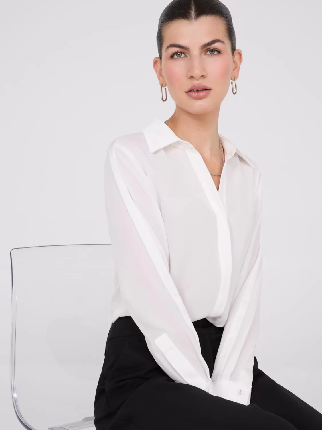 Suzy Shier Tops | Long Sleeve*Chiffon Button-Front Blouse With Satin Details