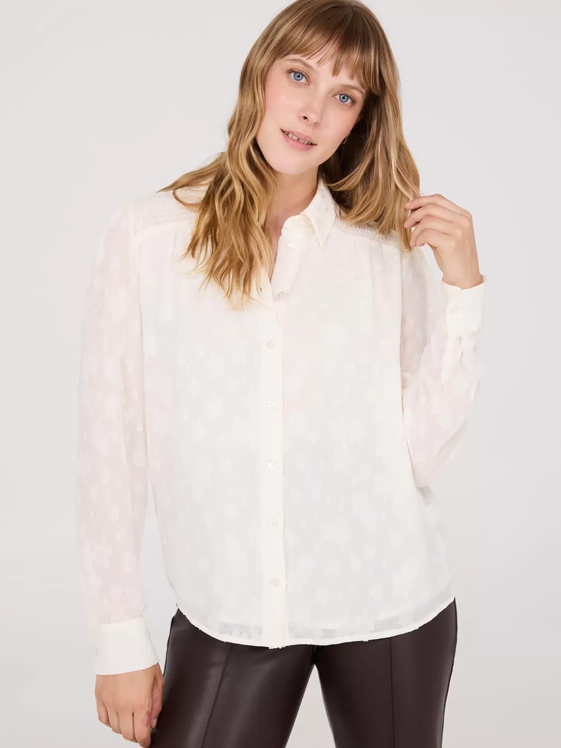 Suzy Shier Tops | Long Sleeve*Chiffon Button-Front Blouse With Smocked Details