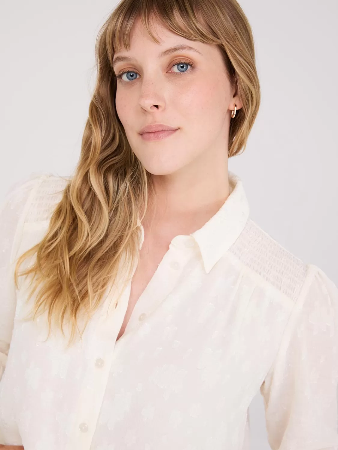 Suzy Shier Tops | Long Sleeve*Chiffon Button-Front Blouse With Smocked Details