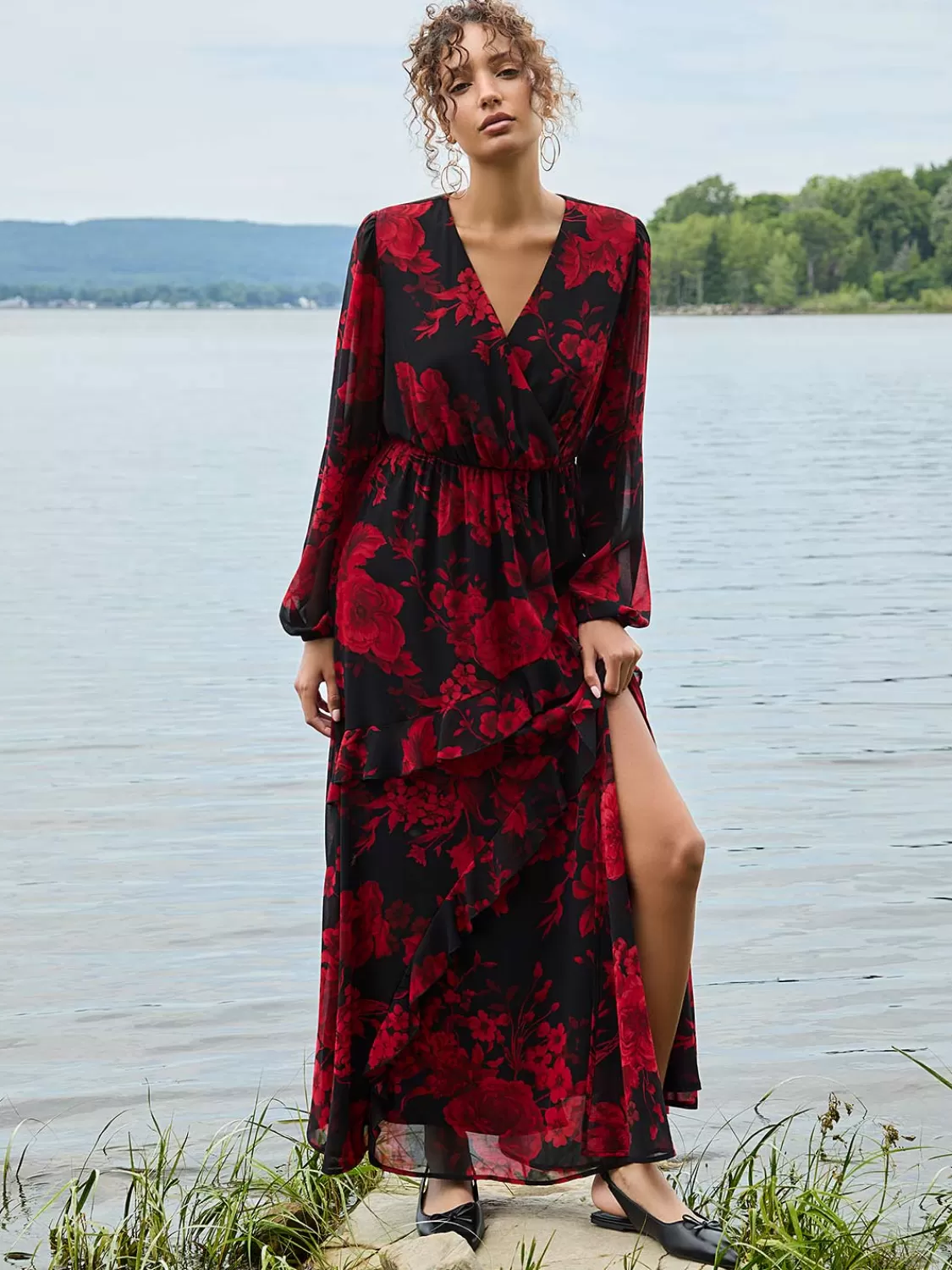 Suzy Shier Midi & Maxi | Party Dresses*Chiffon Floral Print Ruffle Skirt Maxi Dress