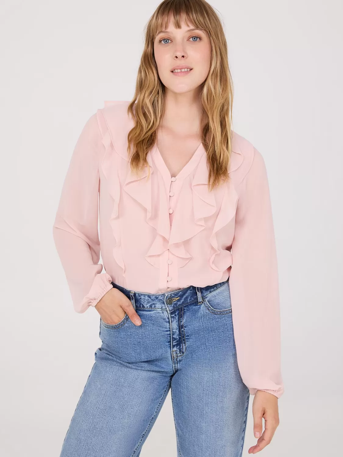 Suzy Shier Tops | Long Sleeve*Chiffon Ruffle Button-Front Blouse