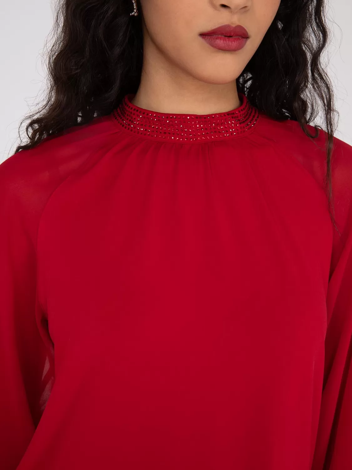 Suzy Shier Long Sleeve | Fashion Tops*Chiffon Sleeve Mock Neck Top With Rhinestones