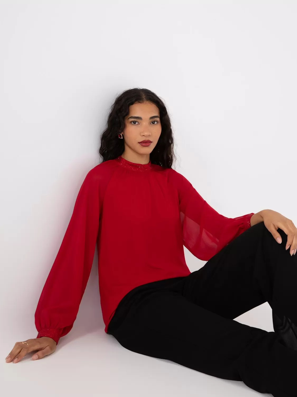Suzy Shier Long Sleeve | Fashion Tops*Chiffon Sleeve Mock Neck Top With Rhinestones