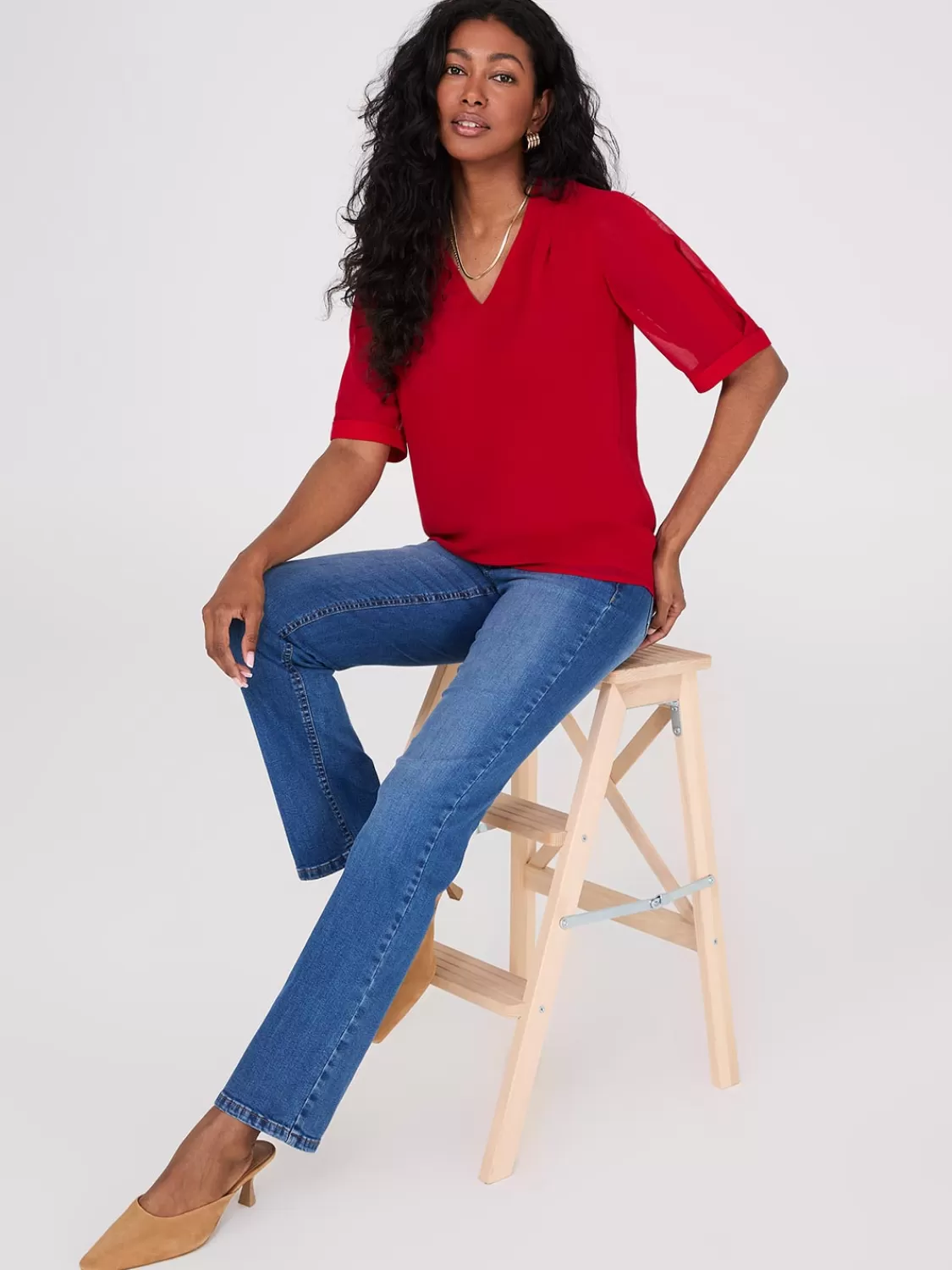 Suzy Shier Tops | Short Sleeve*Chiffon V-Neck Pleated Popover Blouse