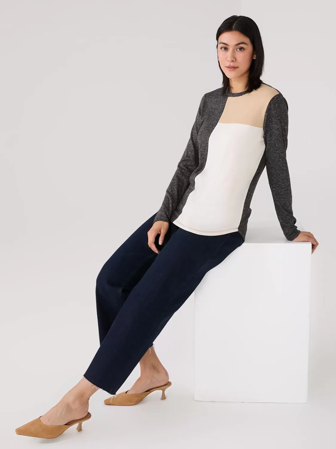 Suzy Shier Long Sleeve*Colour Block Crew Neck Top