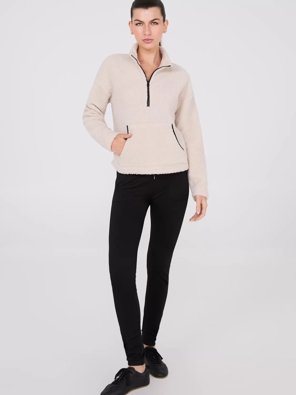Suzy Shier Lounge & Pjs | Long Sleeve*Contrast Piping Half-Zip Sherpa Sweater