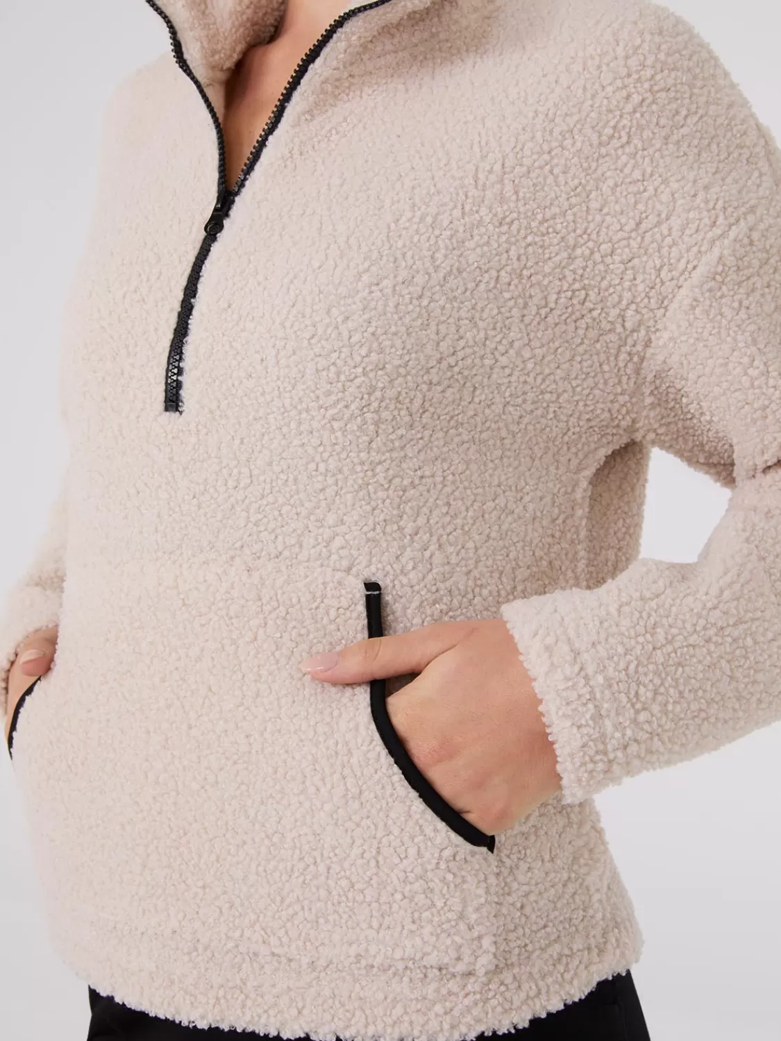Suzy Shier Lounge & Pjs | Long Sleeve*Contrast Piping Half-Zip Sherpa Sweater