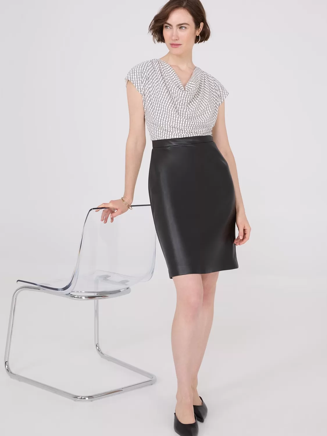 Suzy Shier Mini | Work Dresses*Cowl Neck Faux Leather Skirt 2-Fer Dress