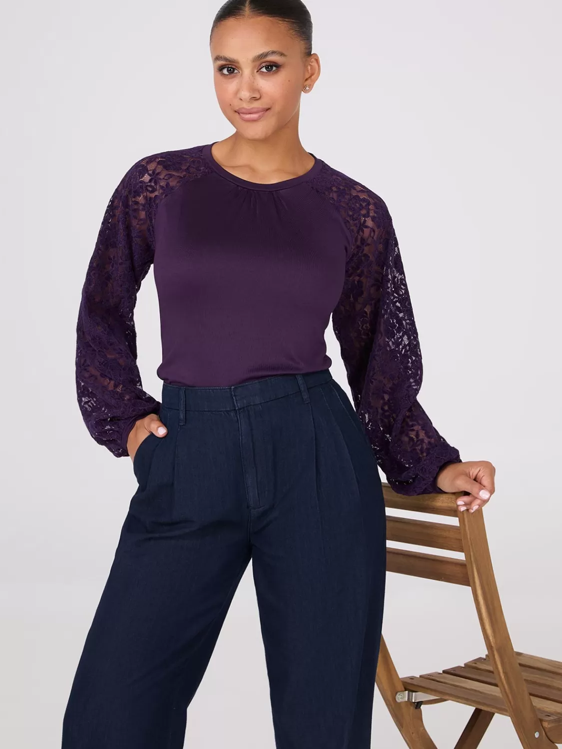 Suzy Shier Tops | Long Sleeve*Crew Neck Top With Chenille Lace Sleeves