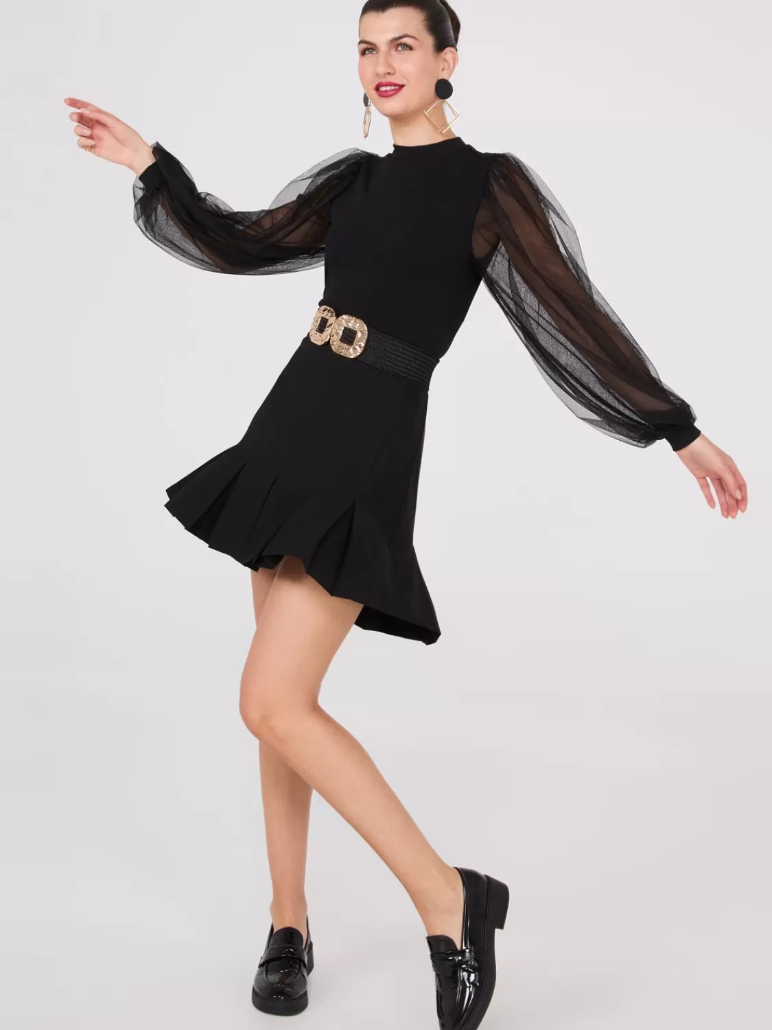 Suzy Shier Tops | Long Sleeve*Crew Neck Top With Mesh Balloon Sleeves