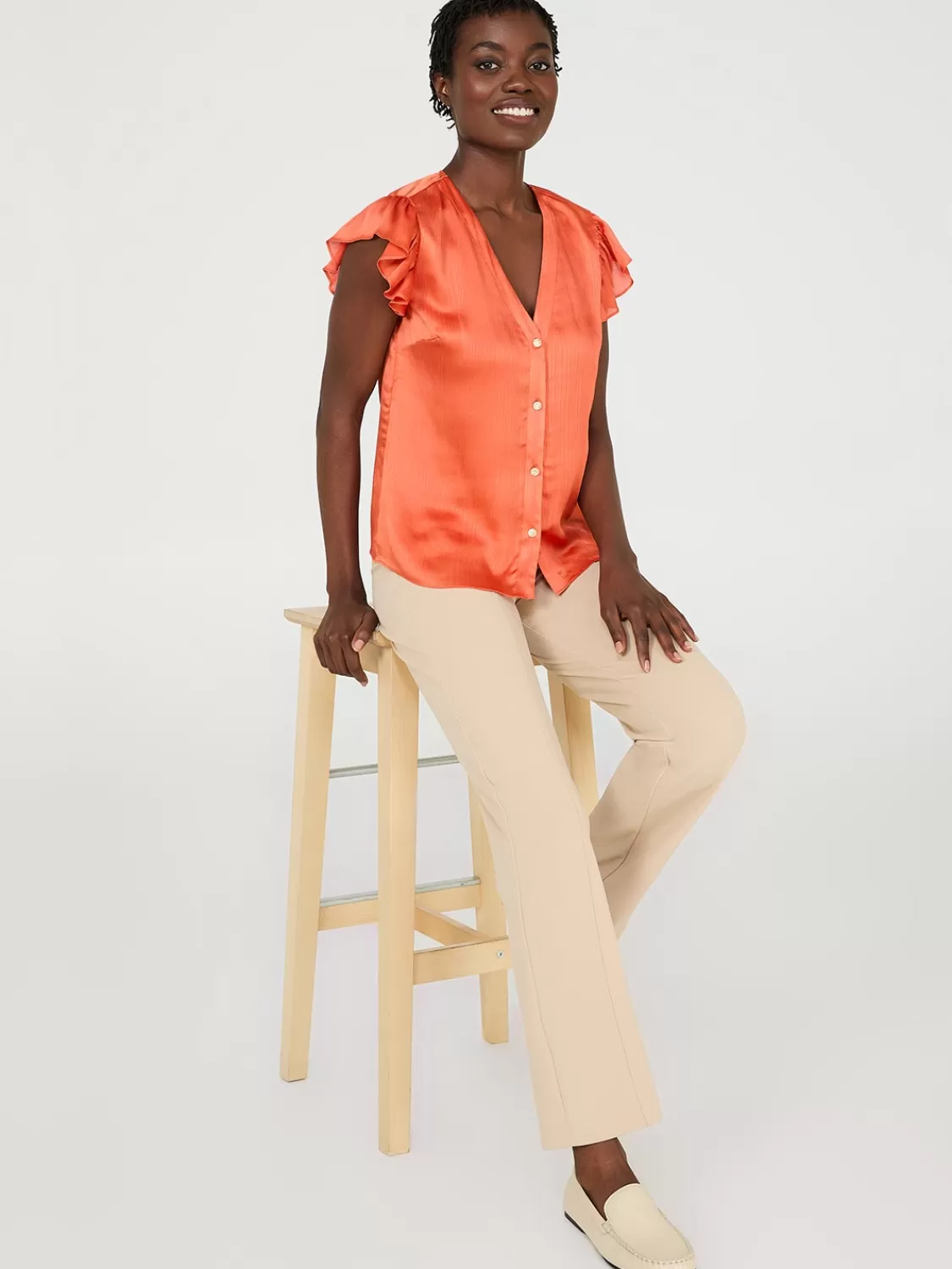 Suzy Shier Tops | Short Sleeve*Crinkle Satin Ruffle Sleeve Button-Front Blouse