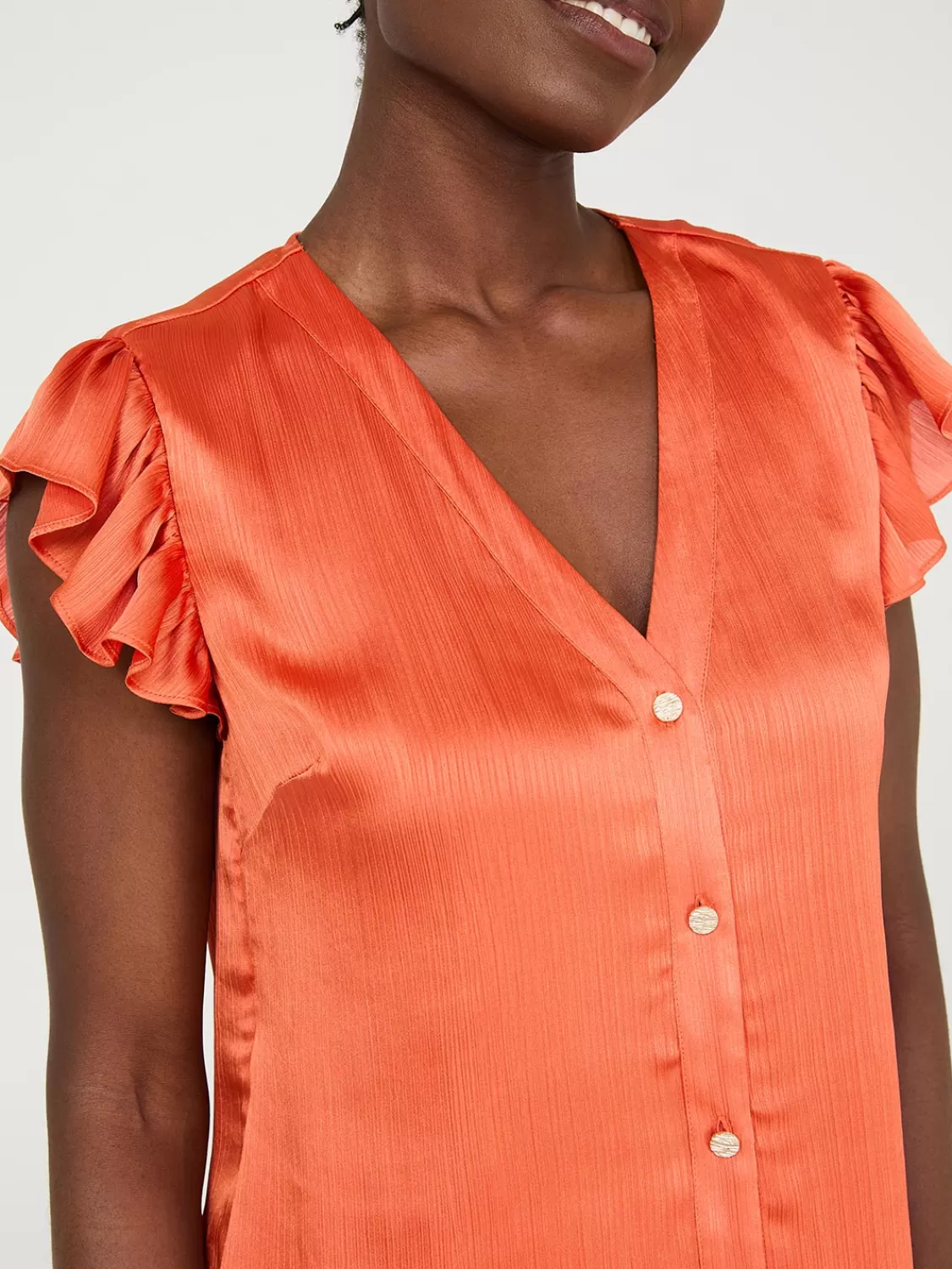 Suzy Shier Tops | Short Sleeve*Crinkle Satin Ruffle Sleeve Button-Front Blouse