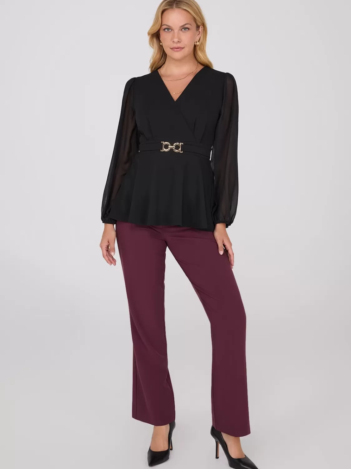 Suzy Shier Tops | Long Sleeve*Crossover Peplum Top With Gold Buckle Belt