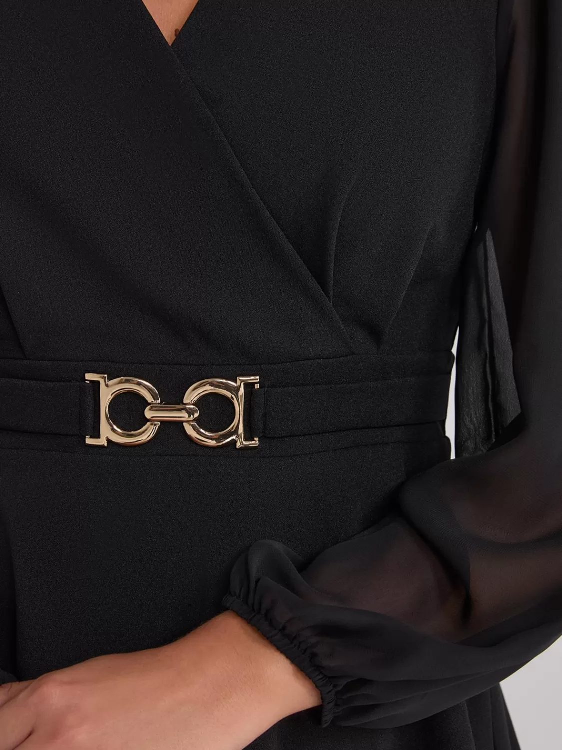 Suzy Shier Tops | Long Sleeve*Crossover Peplum Top With Gold Buckle Belt