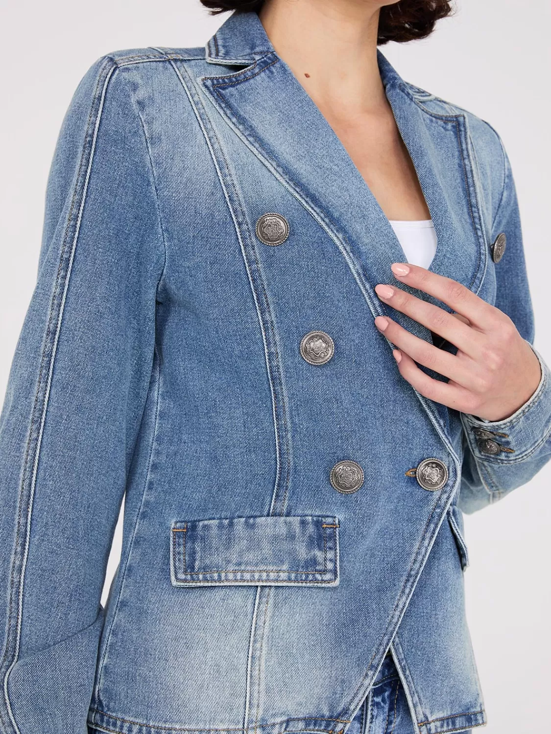 Suzy Shier Puffers & Jackets | Puffers & Jackets*Denim Double-Breasted Blazer