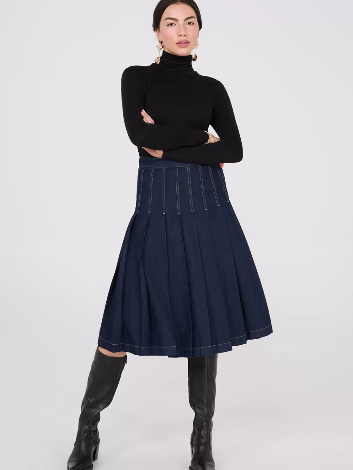 Suzy Shier Skirts*Denim Pleated Midi Skirt