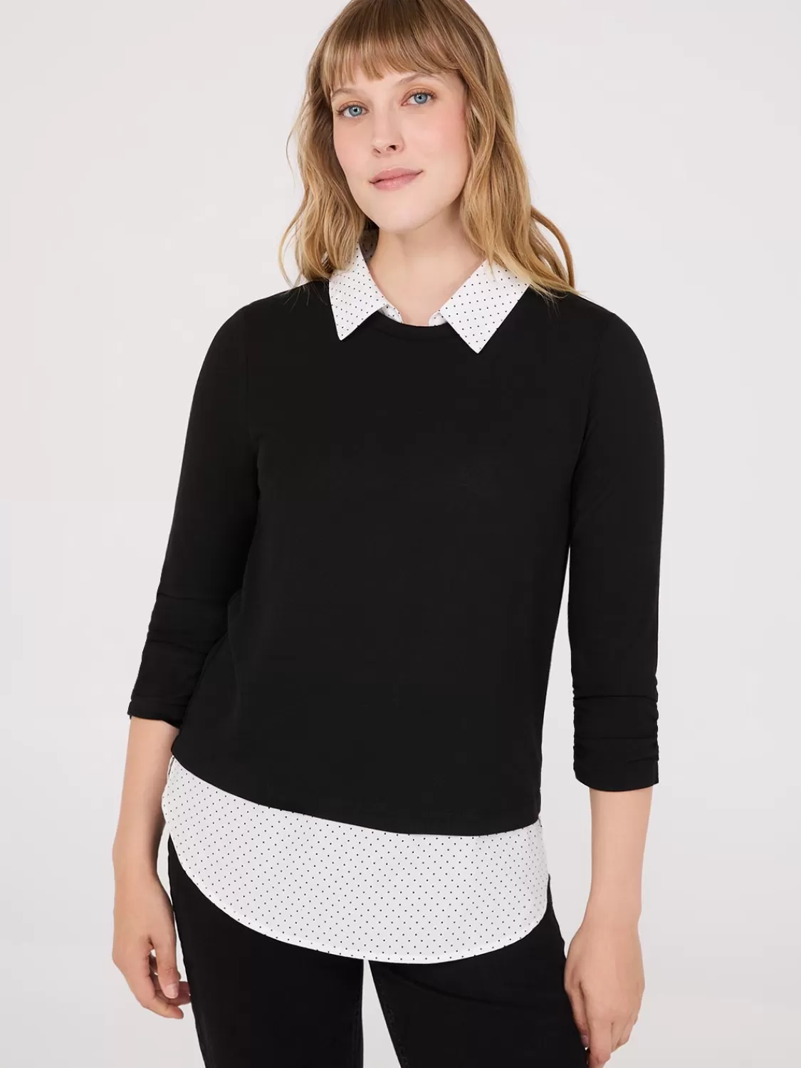 Suzy Shier Long Sleeve*Dot Print 2-Fer Top