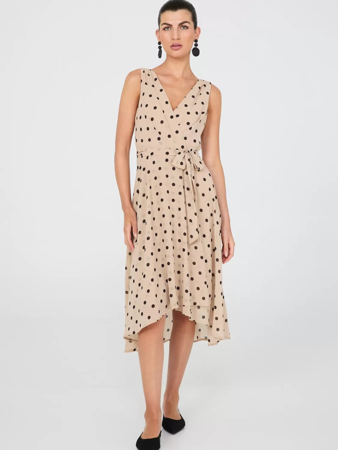 Suzy Shier Work Dresses | Dresses*Dot Print Crossover Chiffon Midi Dress