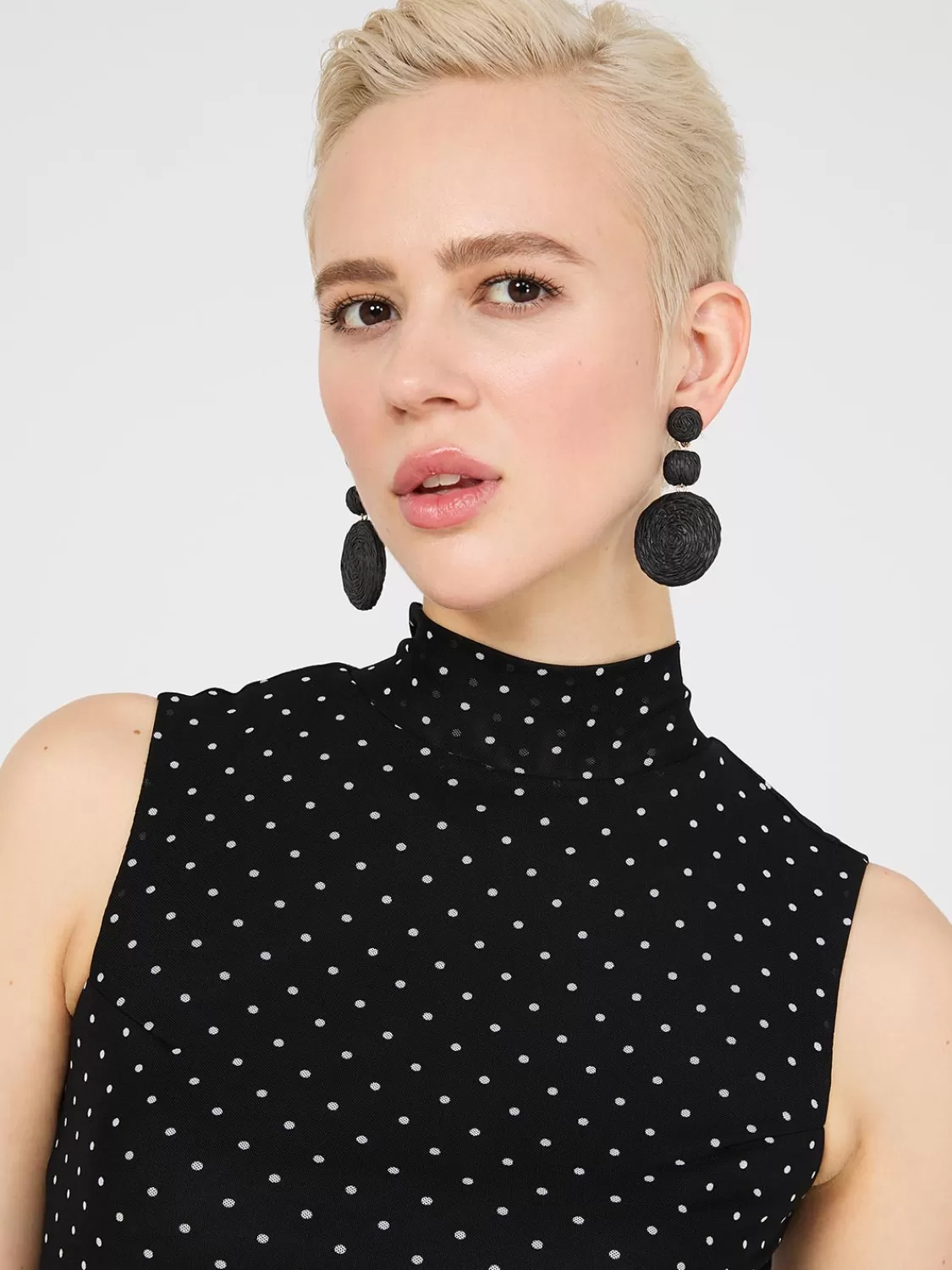Suzy Shier Tops | Sleeveless*Dot Print Mock Neck Mesh Top