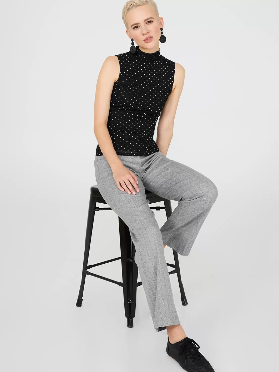 Suzy Shier Tops | Sleeveless*Dot Print Mock Neck Mesh Top