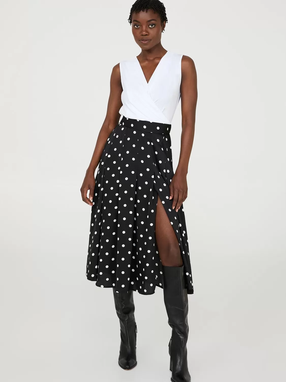 Suzy Shier Skirts*Dot Print Pleated Satin Midi Skirt