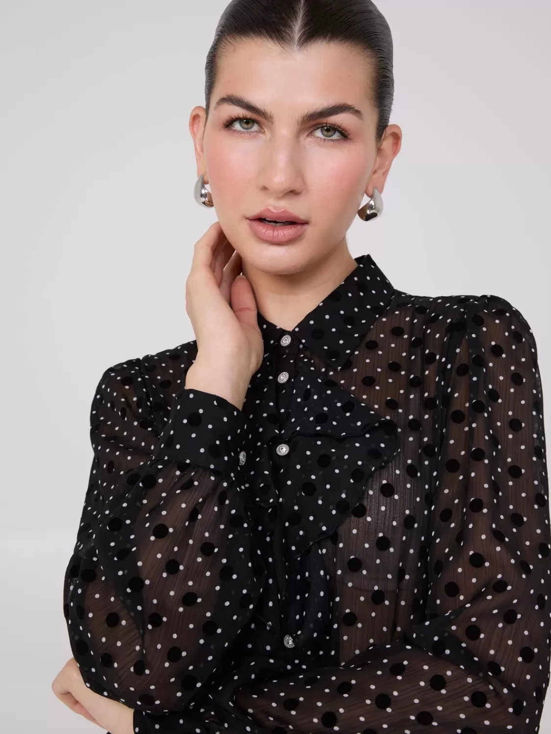 Suzy Shier Tops | Long Sleeve*Dot Print Ruffle Button-Front Blouse